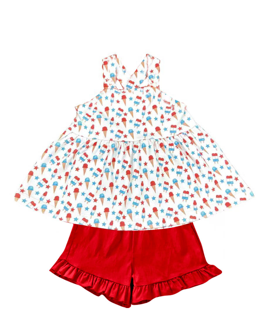 ( Moq 5 ) Preorder Baby Girls Sleeveless Popsicles Stars Tunic Red Shorts 4th of July Clothes Set