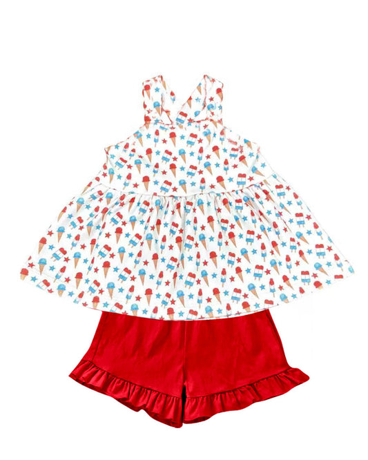 ( Moq 5 ) Preorder Baby Girls Sleeveless Popsicles Stars Tunic Red Shorts 4th of July Clothes Set