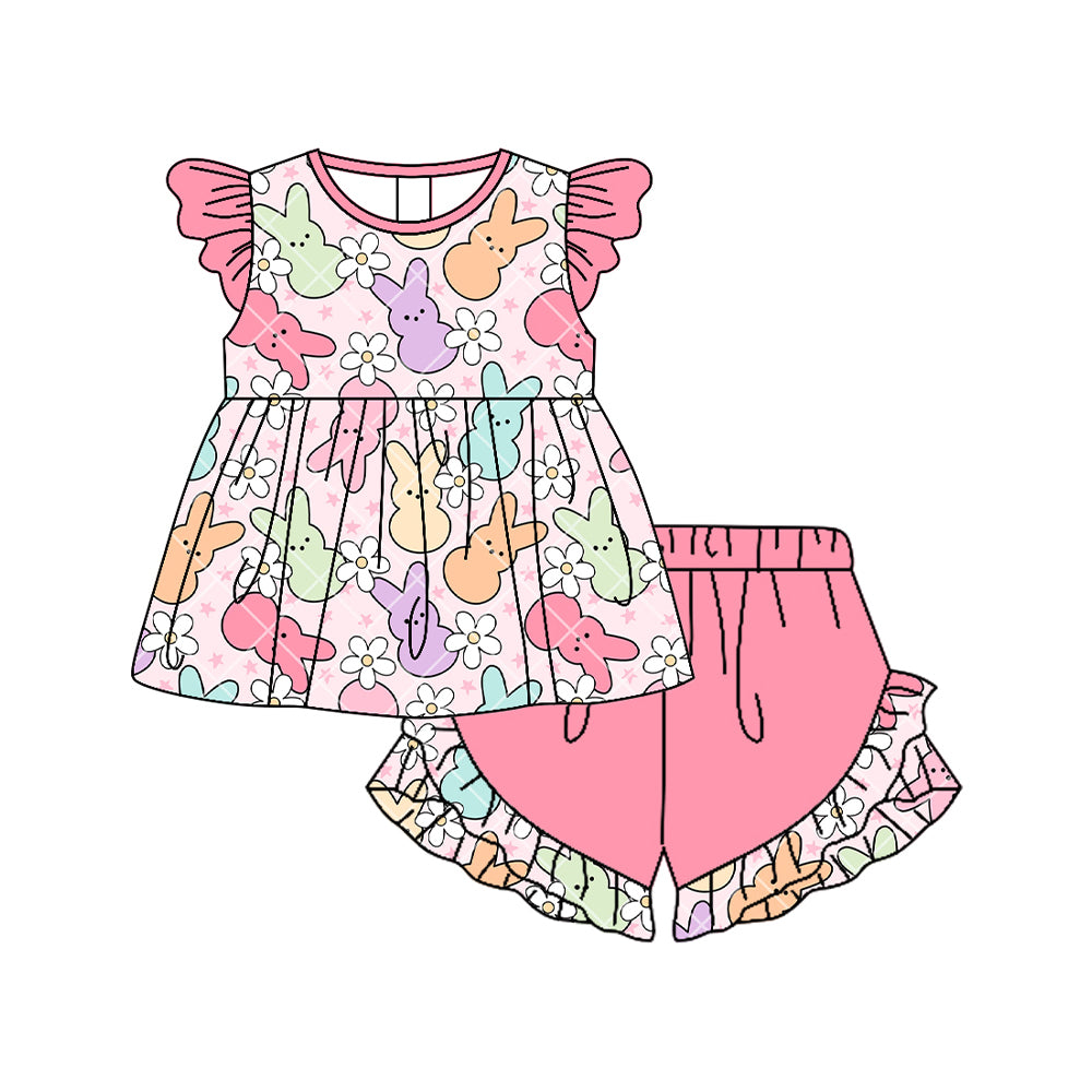 ( Moq 5 ) Preorder Baby Girls Short Sleeves Rabbits Flowers Tunic Pink Shorts Easter Clothes Set