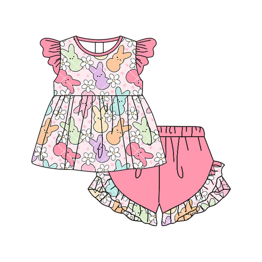 ( Moq 5 ) Preorder Baby Girls Short Sleeves Rabbits Flowers Tunic Pink Shorts Easter Clothes Set