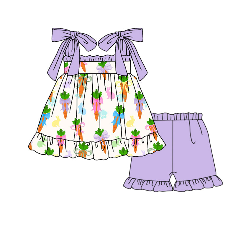 ( Moq 5 ) Preorder Baby Girls Straps Rabbits Carrots Bows Tops Purple Shorts Easter Clothes Set