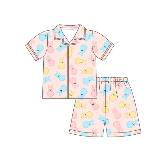 ( Moq 5 ) Preorder Baby Girls Short Sleeves Rabbits Buttons Shirt Shorts Easter Pajamas Clothes Set
