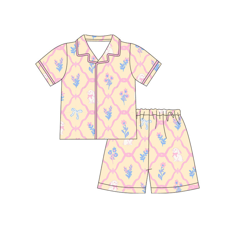 ( Moq 5 ) Preorder Baby Girls Short Sleeves Flower Rabbits Bows Buttons Shirt Shorts Easter Pajamas Clothes Set