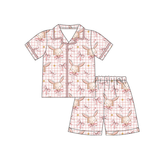 ( Moq 5 ) Preorder Baby Girls Rabbits Bows Plaid Buttons Shirt Shorts Easter Pajamas Clothes Set