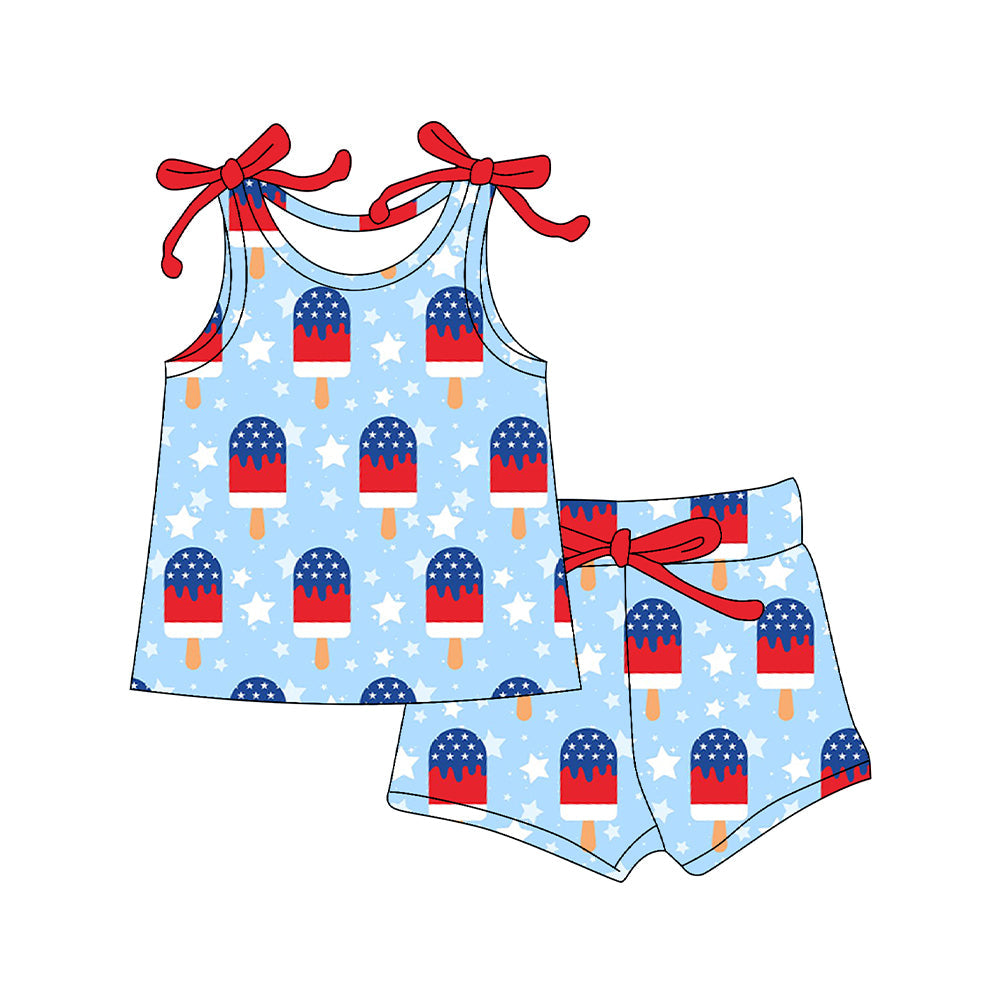 ( Moq 5 ) Preorder Baby Girls Sleeveless Popsicle Stars Tops Shorts 4th of July Clothes Set