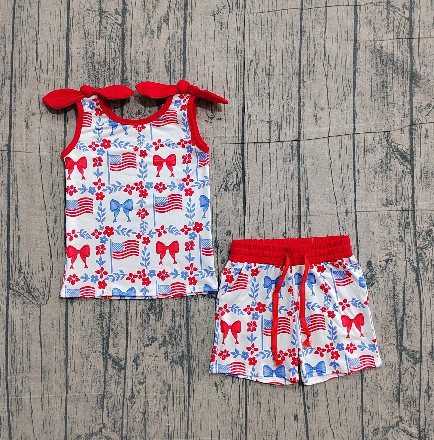 Baby Girls Kids Flags Bows Flowers Tops Pockets Shorts 4th of July Clothes Set RTS