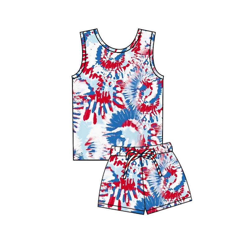 ( Moq 5 ) Preorder Baby Kids Sleeveless Red Blue Tie Dye Tops Shorts 4th of July Clothes Set