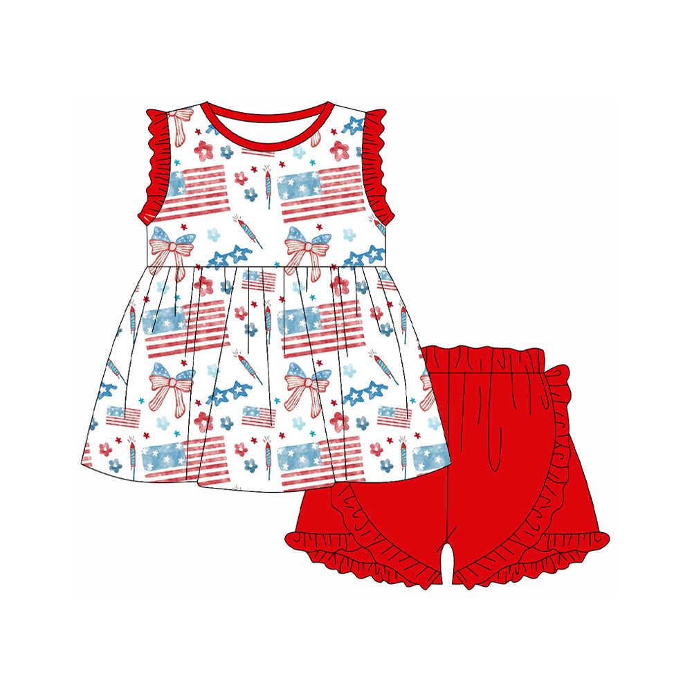 ( Moq 5 ) Preorder Baby Girls Flags Bows Flowers Tops Red Ruffle Shorts 4th of July Set