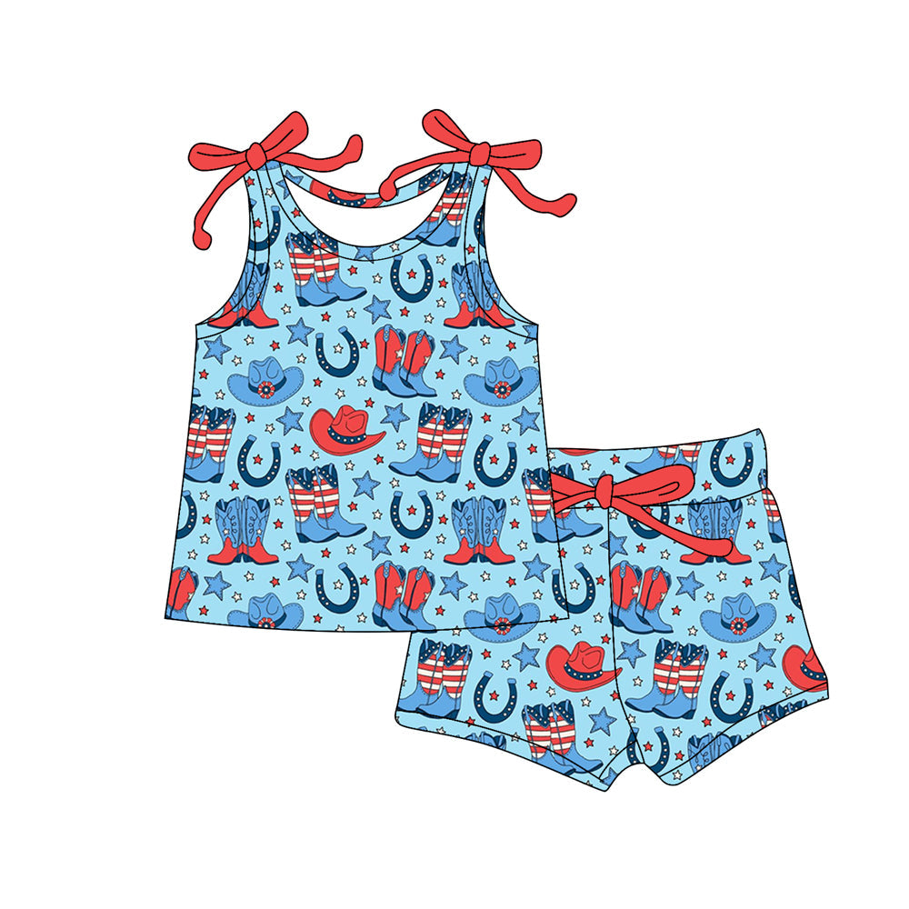 ( Moq 5 ) Preorder Baby Girls Straps Hats Boots Stars Tops Shorts 4th of July Western Clothes Set