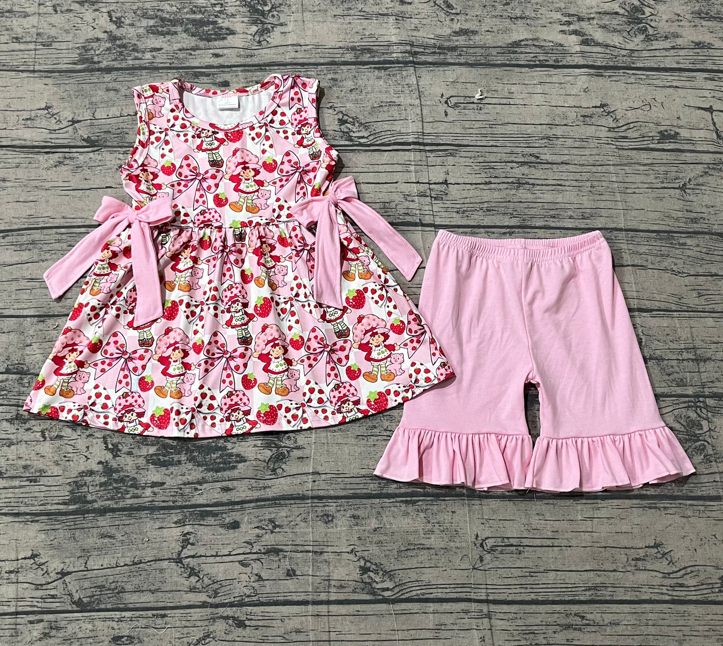 Baby Girls Sleeveless Strawberry Bows Tunic Pink Shorts Summer Clothes Set RTS