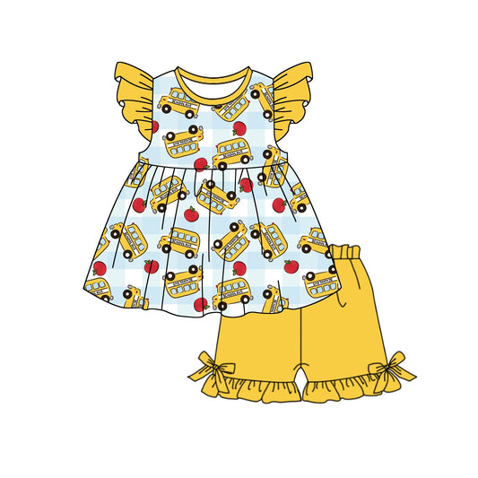 ( Moq 5 ) Baby Girls Kids Short Sleeves Bus Apple Plaid Bows Tops Yellow Shorts Back to School Set