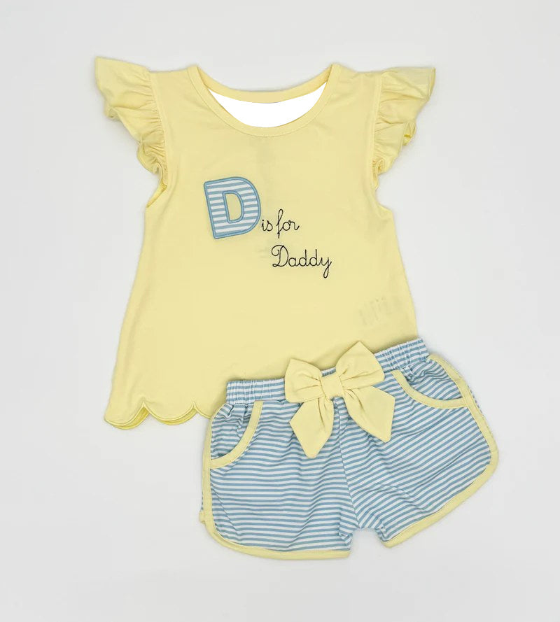 ( Moq 5 ) Preorder Baby Girls Short Sleeves Daddy Yellow Tops Stripes Pockets Bows Shorts Clothes Set