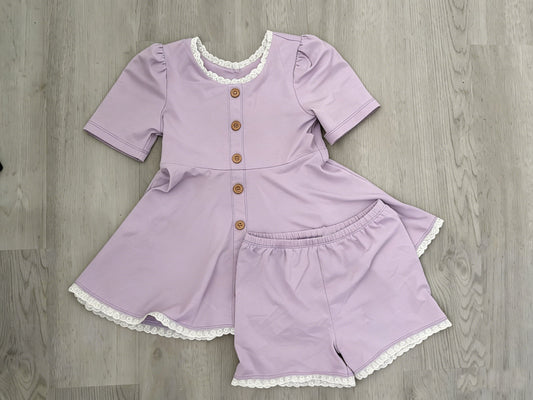 ( Moq 5 ) Preorder Baby Girls Kids Short Sleeves Purple Tunic Shorts Clothes Set