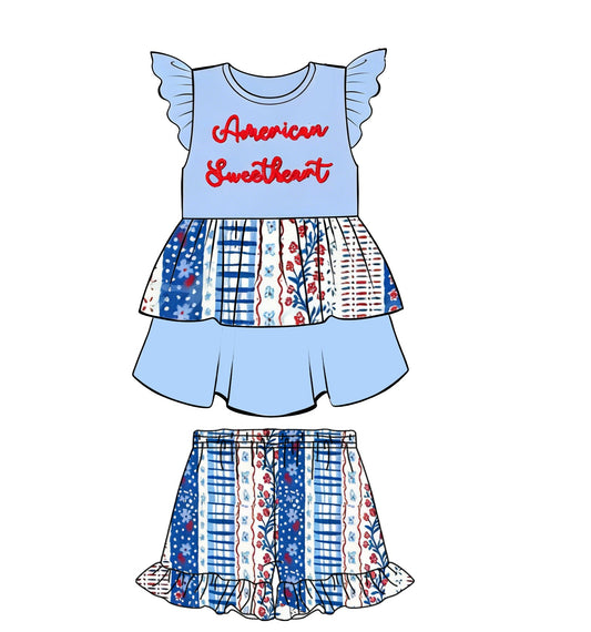 ( Moq 5 ) Preorder Baby Girls Short Sleeves America Sweetheart Tops Flower Shorts 4th of July Set