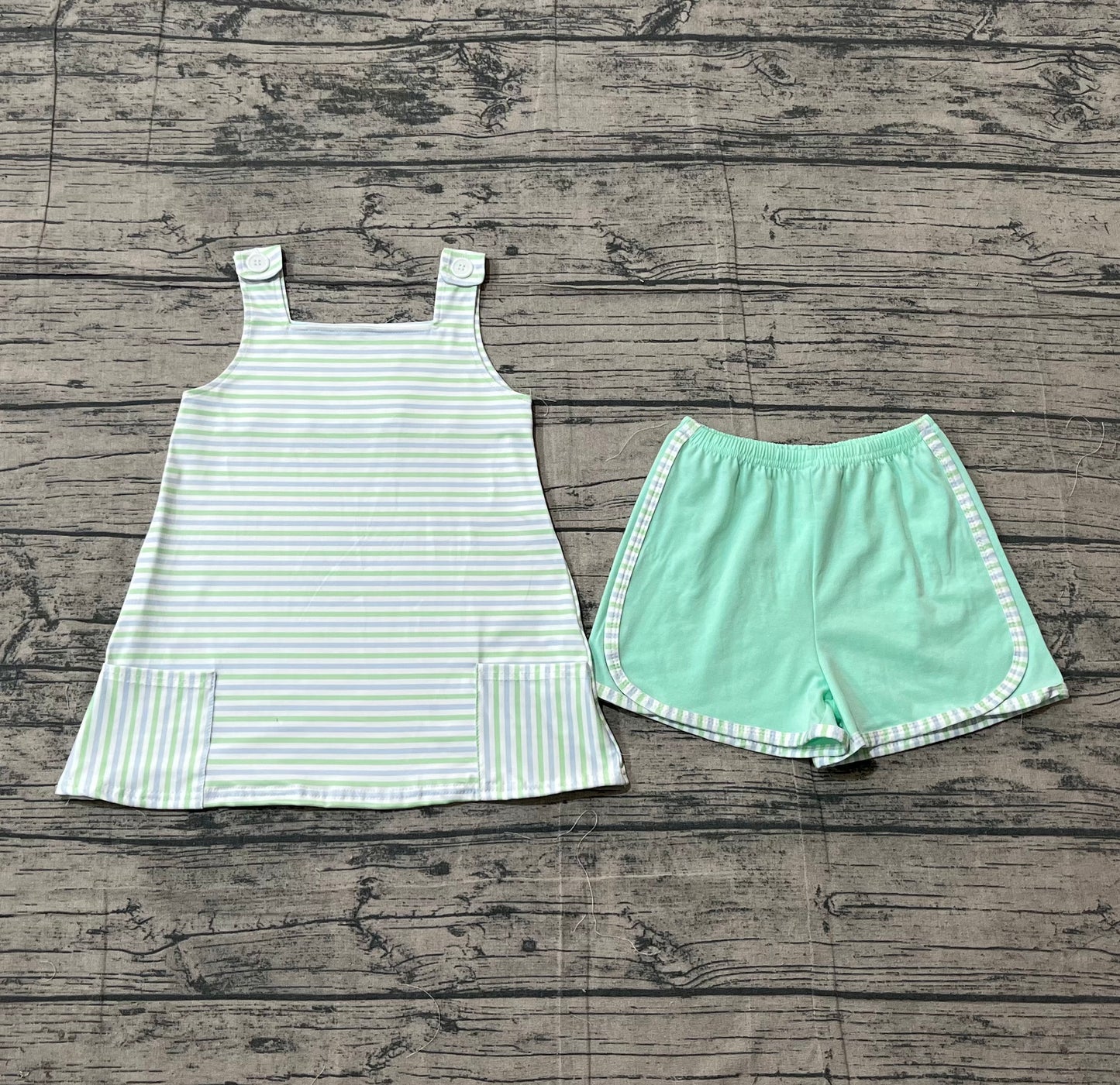 Baby Girls Kids Sleeveless Stripes Pockets Tops Green Shorts Clothes Set RTS