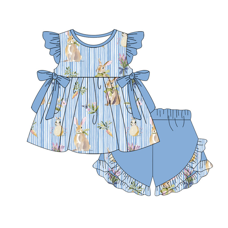 ( Moq 5 ) Preorder Baby Girls Kids Rabbits Carrots Flower Bows Tunic Blue Shorts Easter Clothes Set