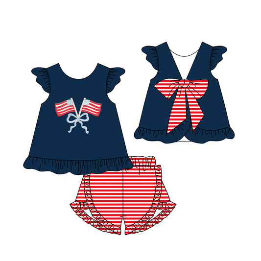 ( Moq 5 ) Preorder Baby Girls Navy Short Sleeves Flags Bows Tunic Stripes Ruffle Shorts 4th of July Set