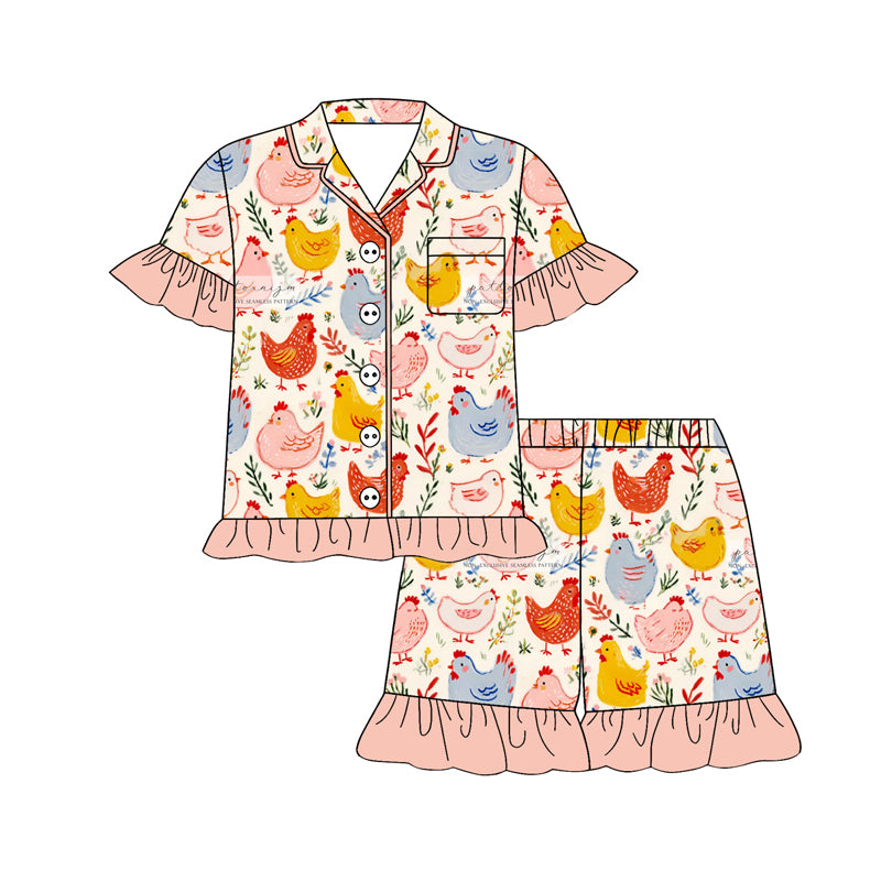 ( Moq 5 ) Preorder Baby Girls Kids Short Sleeves Chicken Flower Buttons Shirt Shorts Pajamas Set
