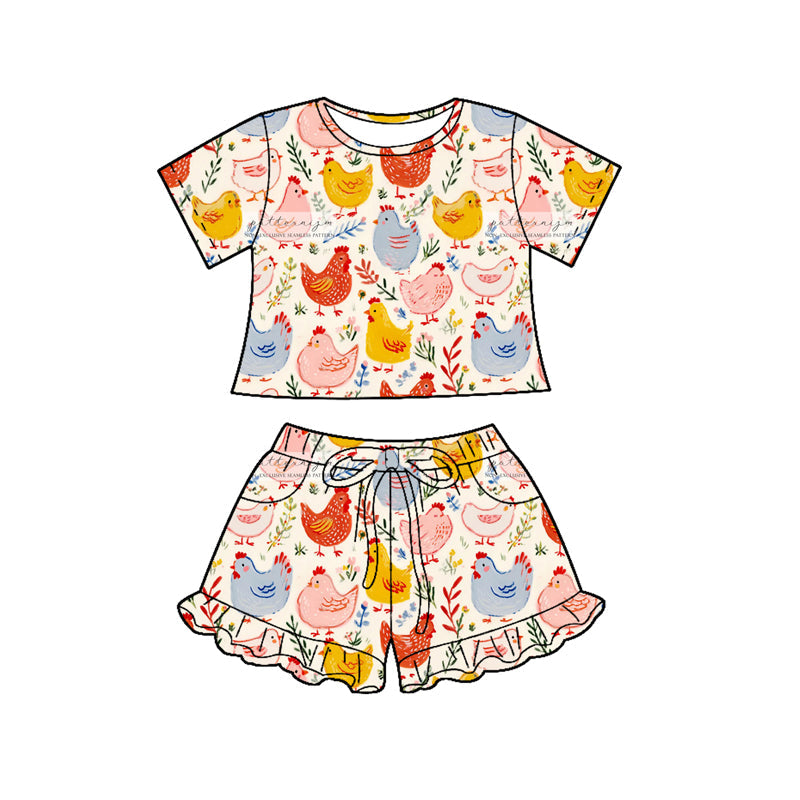 ( Moq 5 ) Preorder Baby Girls Kids Short Sleeves Chicken Flower Tops Pockets Shorts Clothes Set