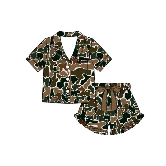 ( Moq 5 ) Preorder Baby Girls Short Sleeves Brown Camo Buttons Shirt Bows Shorts Pajamas Clothes Set