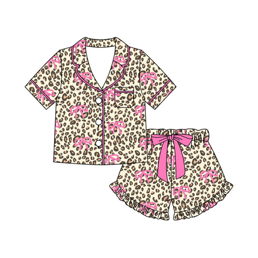 ( Moq 5 ) Preorder Baby Girls Kids Short Sleeves Leopard Bows Buttons Shirt Shorts Pajamas Clothes Set