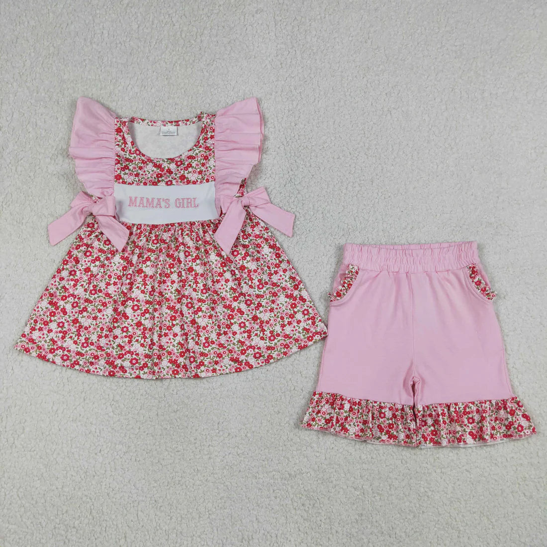 Sibling Baby Girls Kids Short Sleeves Embroidery Mama's Girl Flower Tops Pink Shorts Sets RTS