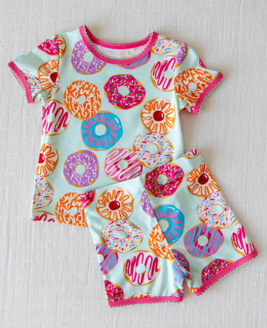 ( Moq 5 ) Preorder Baby Girls Kids Short Sleeves Donuts Shirt Shorts Summer Set