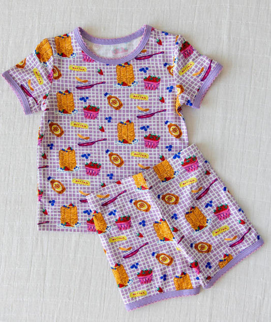 ( Moq 5 ) Preorder Baby Girls Short Sleeves Cakes Purple Plaid Shirt Shorts Pajamas Clothes Set