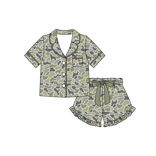 ( Moq 5 ) Preorder Adult Women Short Sleeves Dogs Camo Buttons Shirt Bows Shorts Pajamas Clothes Set