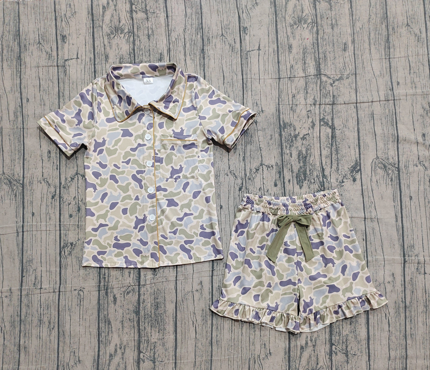 Adult Women Short Sleeves Dogs Camo Buttons Shirt Bows Shorts Pajamas Clothes Set RTS