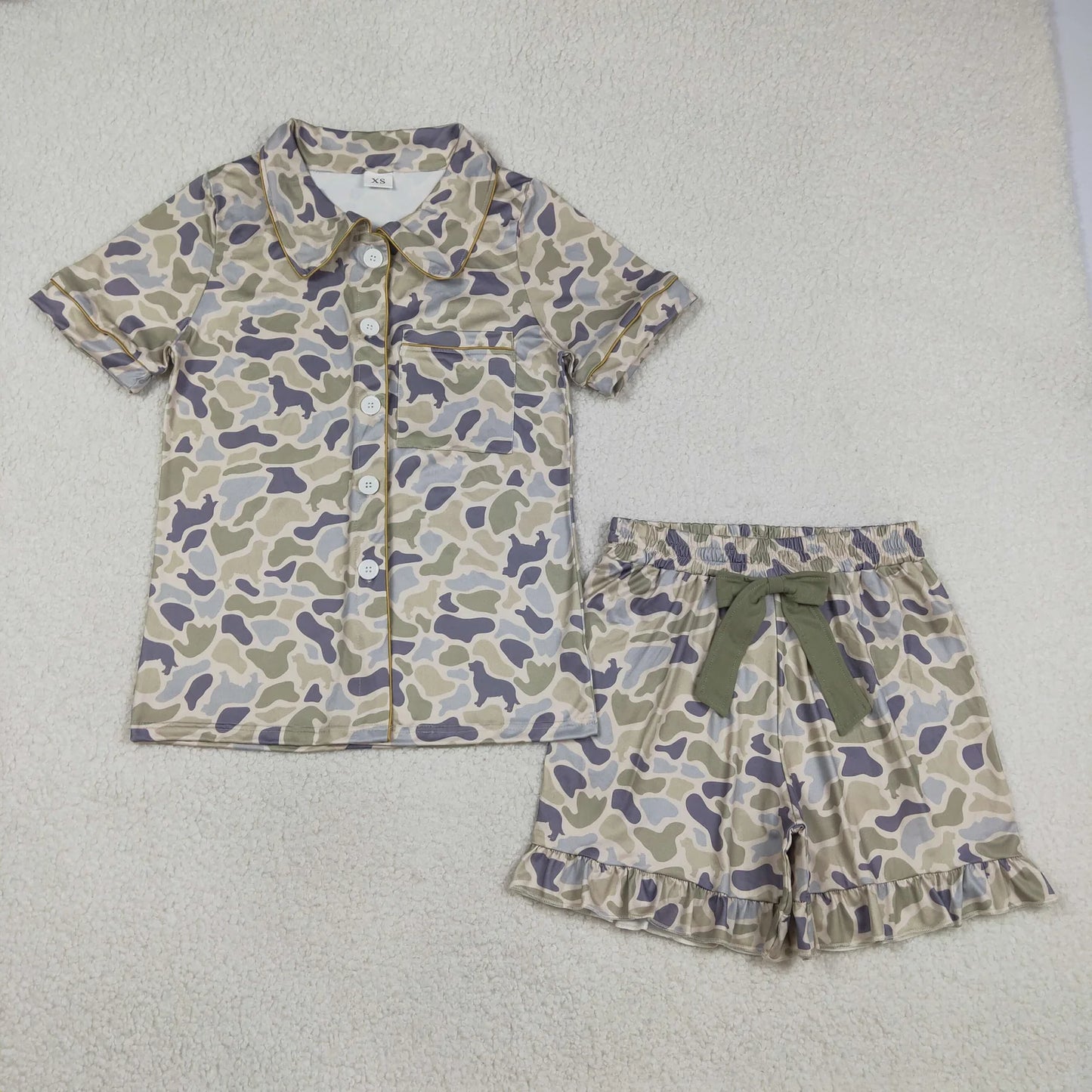 Sibling Adult Women Short Sleeves Buttons Shirt Camo Bows Shorts Pajamas Hunting Sets RTS