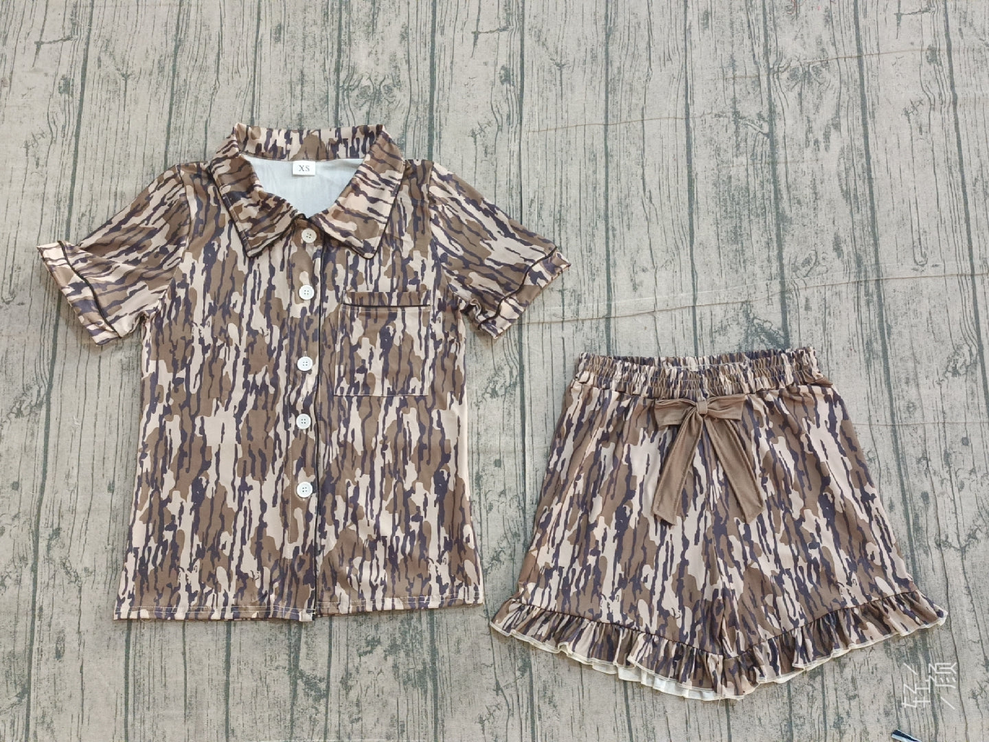 Adult Women Short Sleeves Camo Buttons Pocket Shirt Ruffle Bow Shorts Pajamas Set RTS