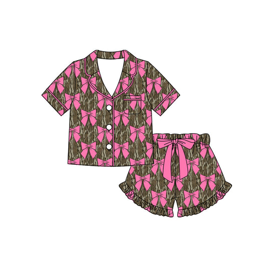 ( Moq 5 ) Preorder Adult Women Short Sleeves Pink Bows Camo Buttons Shirt Shorts Pajamas Clothes Set