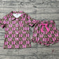 Adult Women Short Sleeves Camo Buttons Pocket Shirt Ruffle Pink Bows Shorts Pajamas Set RTS