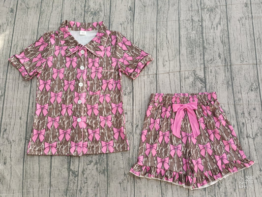 ( No moq ) Preorder Adult Women Short Sleeves Camo Buttons Pocket Shirt Ruffle Pink Bows Shorts Pajamas Set