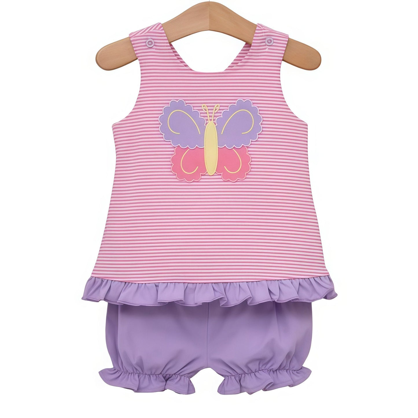 ( Moq 5 ) Preorder Baby Girls Sleeveless Butterfly Stripes Tops Purple Ruffle Shorts Clothes Set
