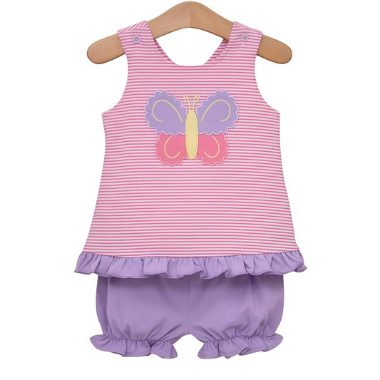 ( Moq 5 ) Preorder Baby Girls Sleeveless Butterfly Stripes Tops Purple Ruffle Shorts Clothes Set
