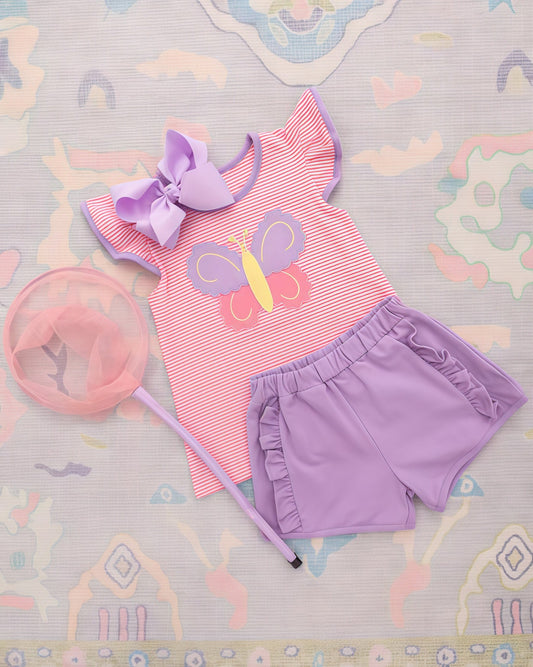( Moq 5 ) Preorder Baby Girls Short Sleeves Butterfly Stripes Tops Purple Ruffle Shorts Clothes Set