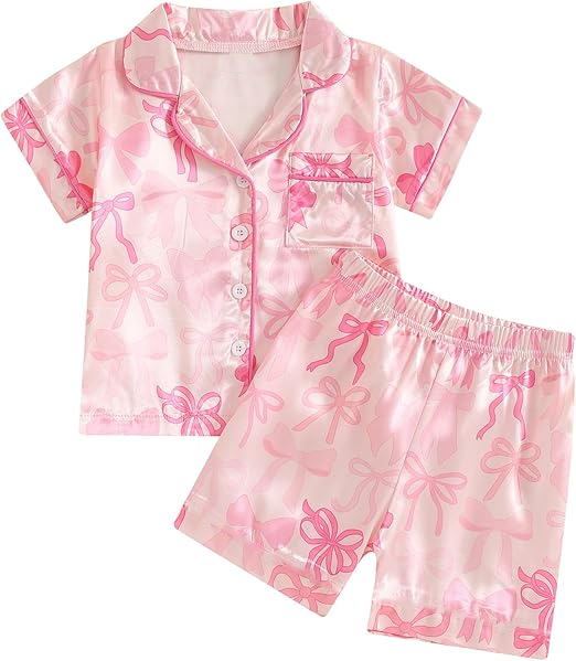 ( Moq 5 ) Preorder Baby Girls Kids Short Sleeves Pink Bows Buttons Pocket Shirt Shorts Pajamas Set