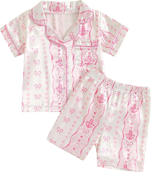 ( Moq 5 ) Preorder Baby Girls Short Sleeves Bows Hearts Flower Buttons Shirt Shorts Pajamas Valentine's Set