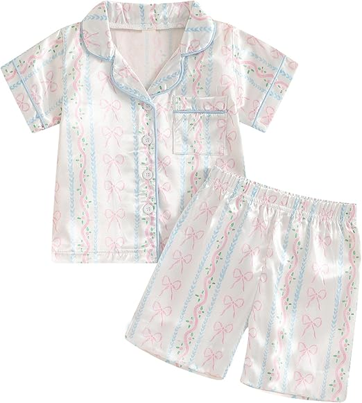 ( Moq 5 ) Preorder Baby Girls Kids Short Sleeves Bows Floral Buttons Shirt Shorts Pajamas Set