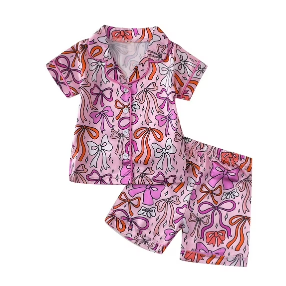 ( Moq 5 ) Preorder Baby Girls Kids Short Sleeves Bows Buttons Shirt Shorts Pajamas Pink Set