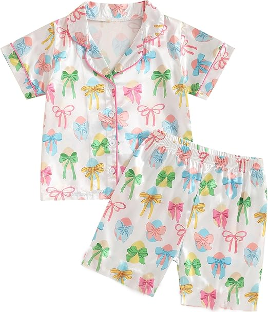 ( Moq 5 ) Preorder Baby Girls Short Sleeves Eggs Bows Buttons Shirt Shorts Pajamas Easter Set