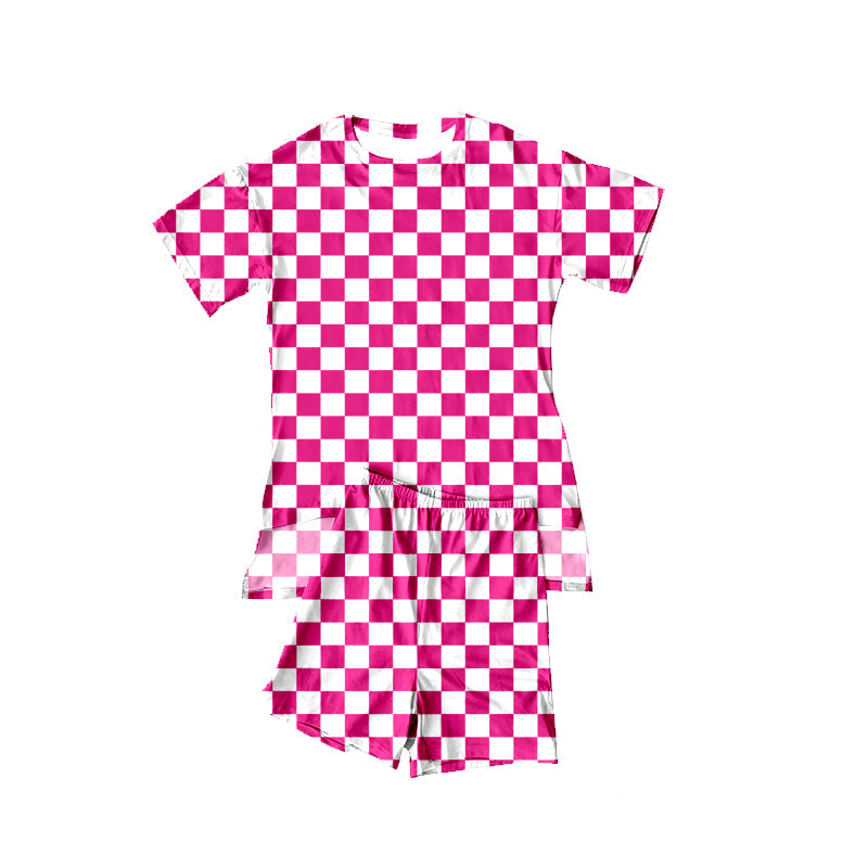 ( Moq 5 ) Preorder Baby Girls Short Sleeves Pink Checked Tops Shorts Summer Clothes Set