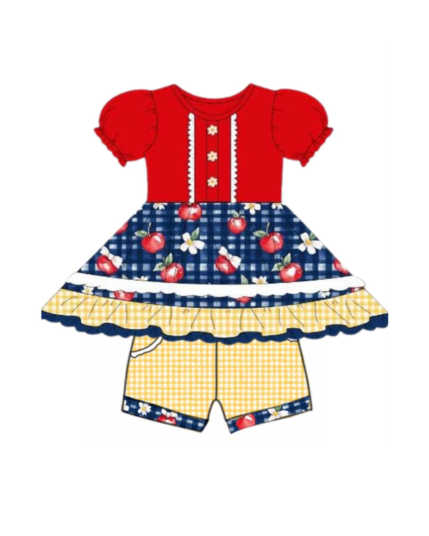 ( Moq 5 ) Preorder Baby Girls Short Sleeves Apple Flower Tunic Plaid Pockets Shorts  Back to School Set
