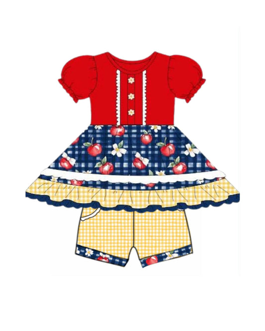 ( Moq 5 ) Preorder Baby Girls Short Sleeves Apple Flower Tunic Plaid Pockets Shorts  Back to School Set