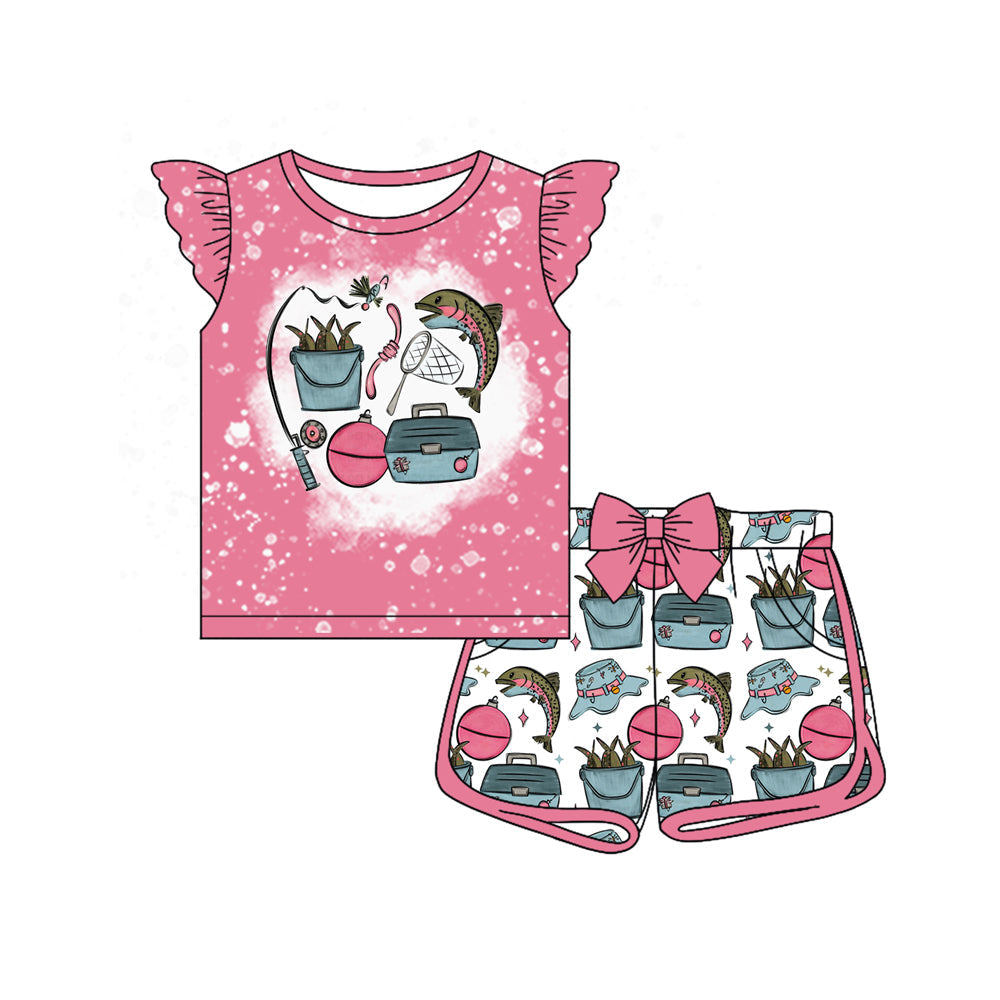 ( Moq 5 ) Preorder Baby Girls Short Sleeves Pink Shirt Fishing Bows Shorts Clothes Set