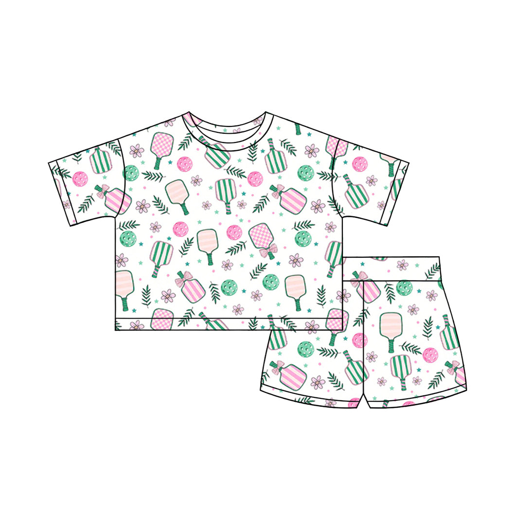 ( Moq 5 ) Preorder Baby Girls Kids Short Sleeves Tennis Flower Bows Shirt Shorts Clothes Set