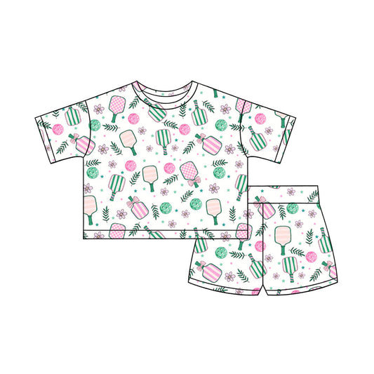 ( Moq 5 ) Preorder Baby Girls Kids Short Sleeves Tennis Flower Bows Shirt Shorts Clothes Set
