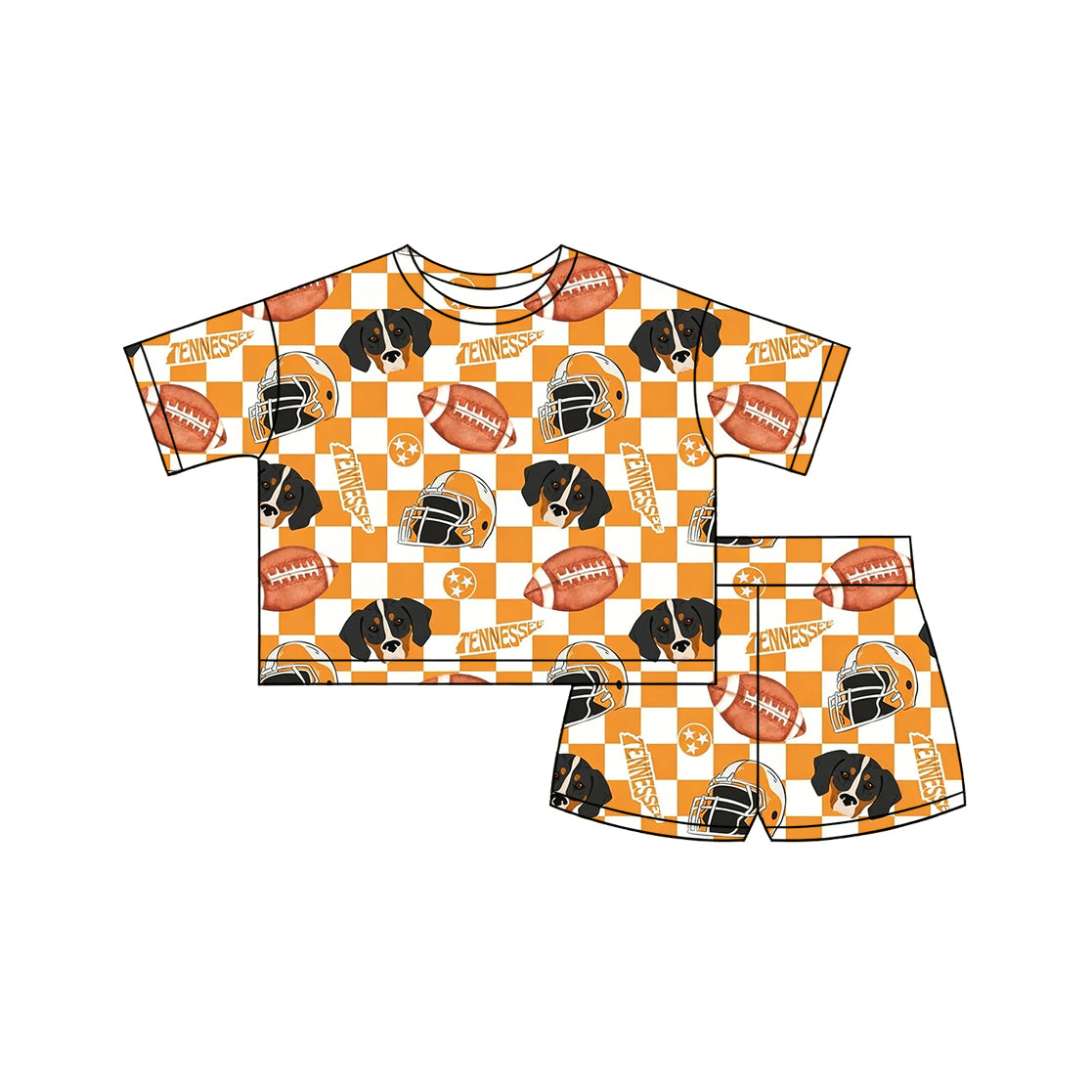 ( Moq 5 ) Preorder Baby Girls Short Sleeves Dogs Football Orange Checked Shirt Shorts Team Clothes Set